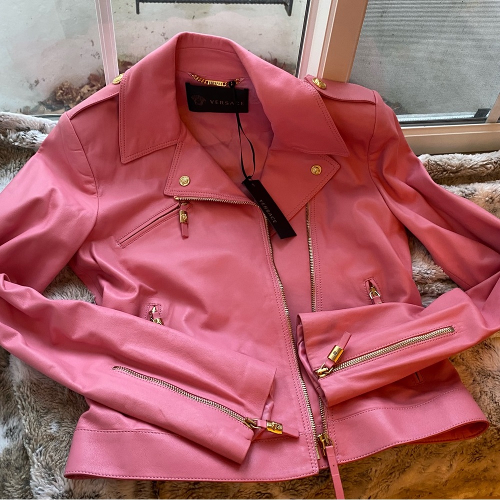 Versace pink leather jacket. Size small. Missing hardware on zipper